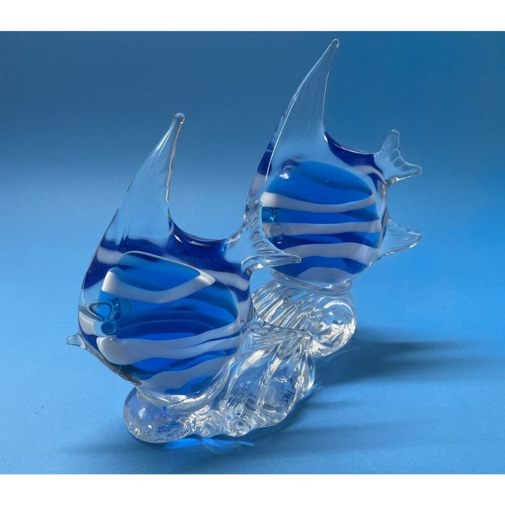 VTG BEAUTIFUL MURANO STYLE ART GLASS BLUE STRIPED 6 1/4" DOUBLE FISH SCULPTURE